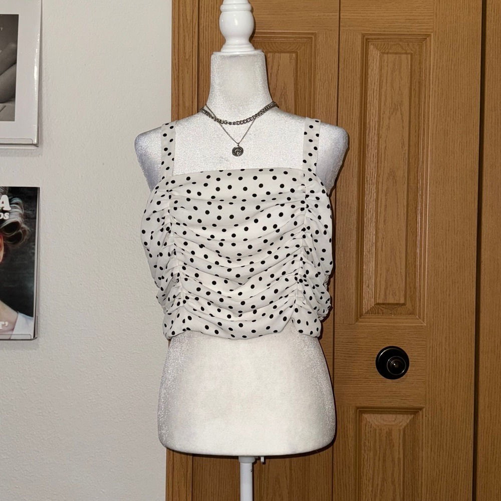Express Polka Dot Ruched Front Smocked Back Tank Top White Black Large Coquette